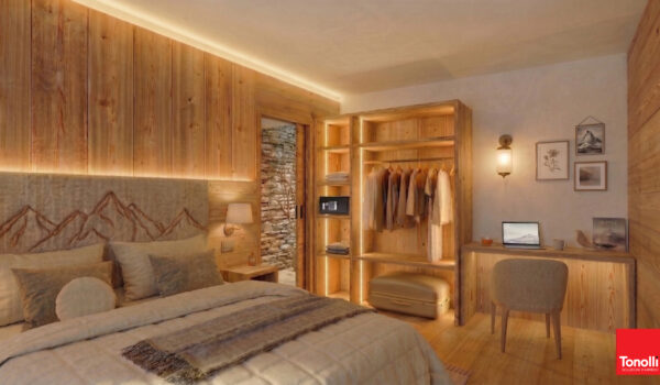 Suite Alpine Albergo Dimaro, veduta degli interni e del letto